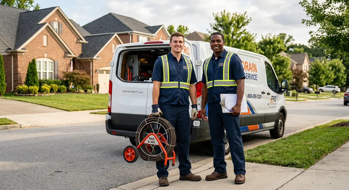 Sewer and drain service team with equipment ready for work in Upper