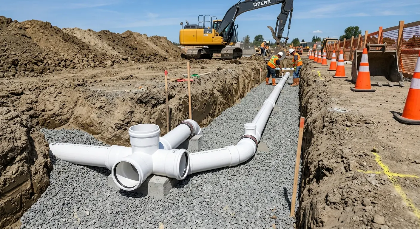 New PVC sewer pipe installation in open trench for Commercial Drain Cleaning in Upper