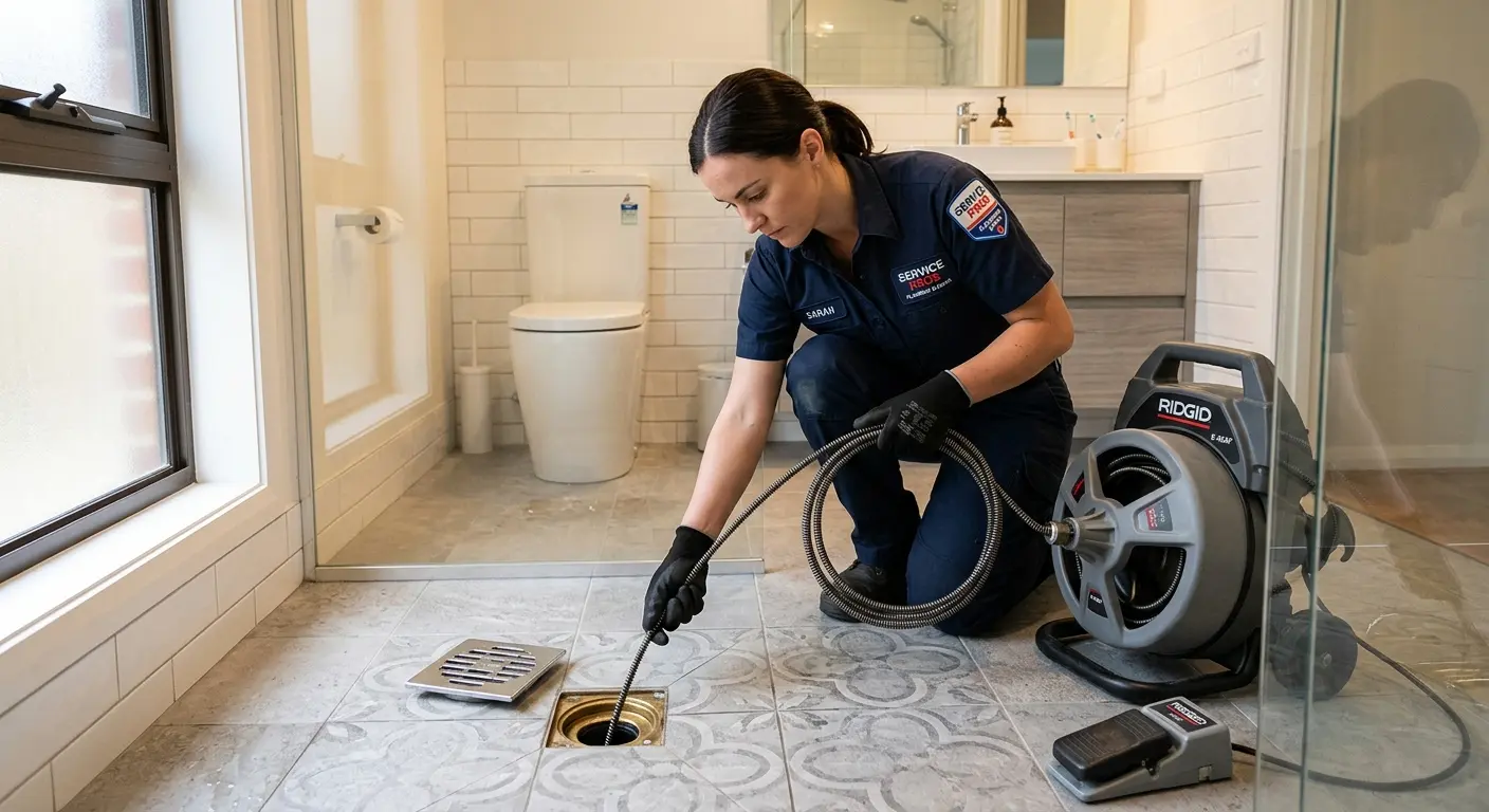 Technician clearing a bathroom floor drain for Clogged Drain Repair in Upper